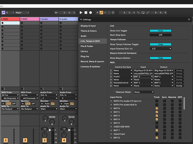 Same settings in Live 12. Does not work