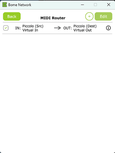 Bome Networks for Windows - MIDI Router view
