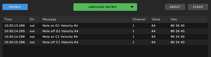 Arduino Pro Micro MIDI messages